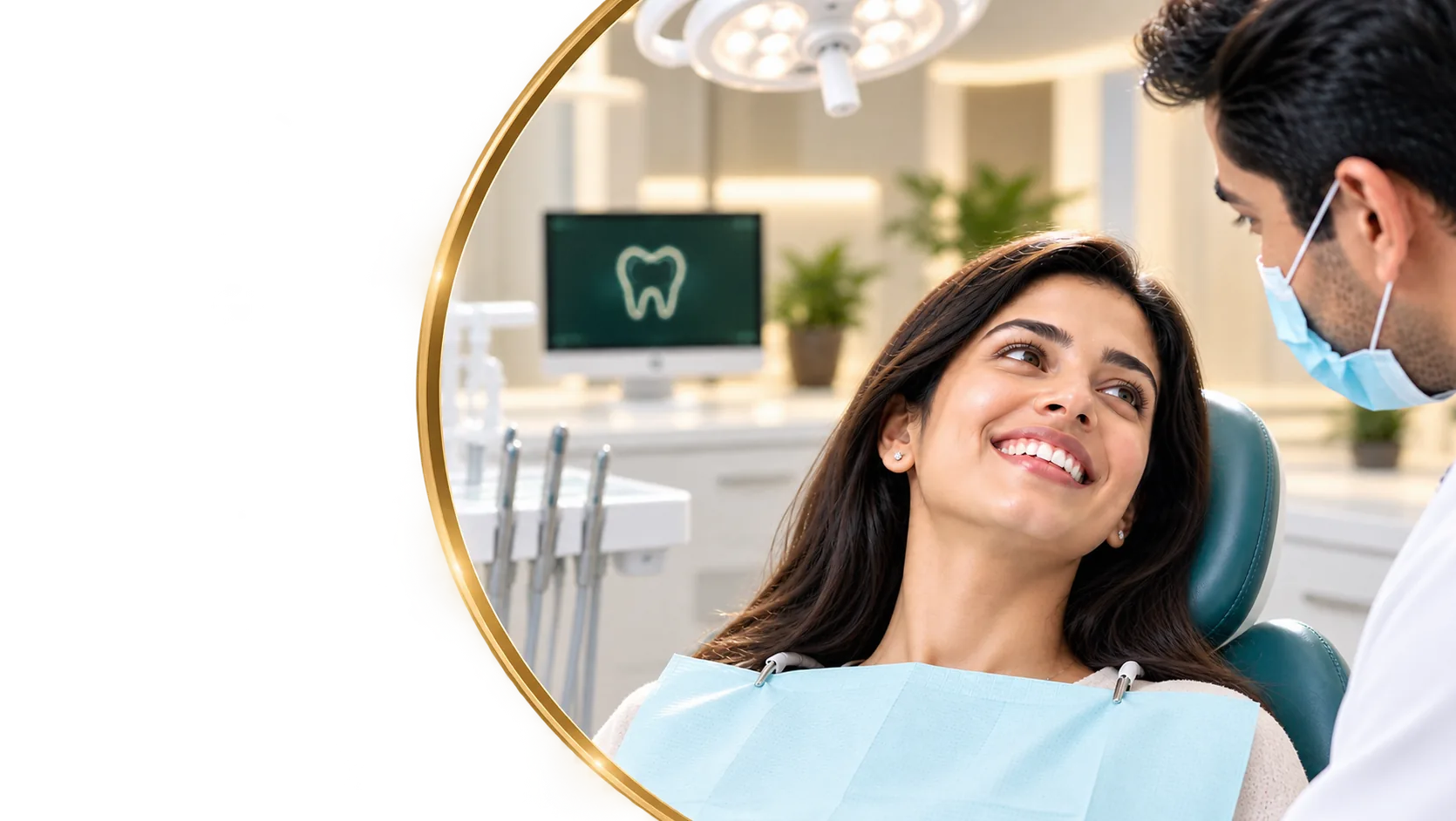A dentist examining a smiling patient at Mahendra's Dental Studio
