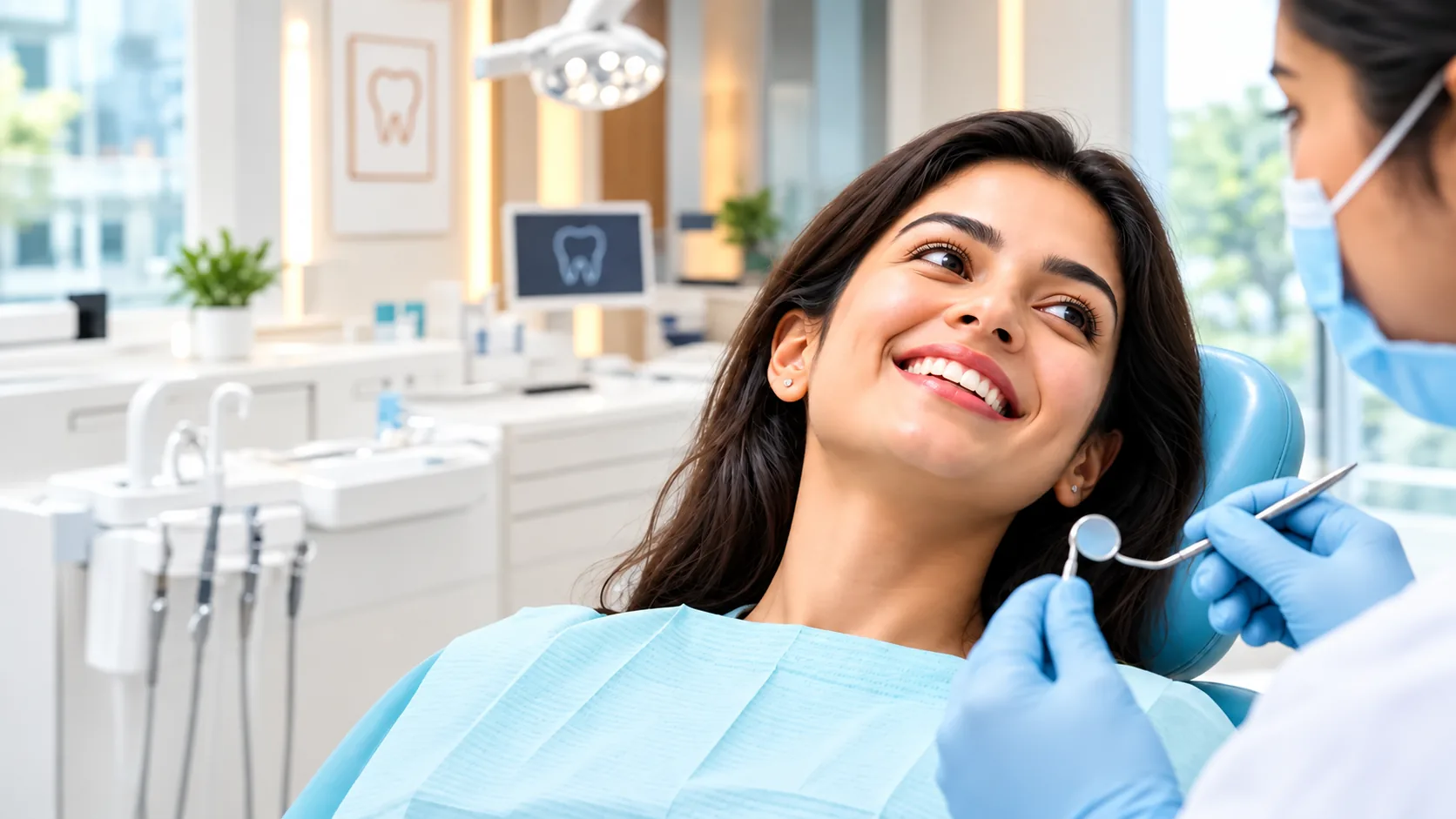 A smiling patient reclining in the dental chair during a check-up