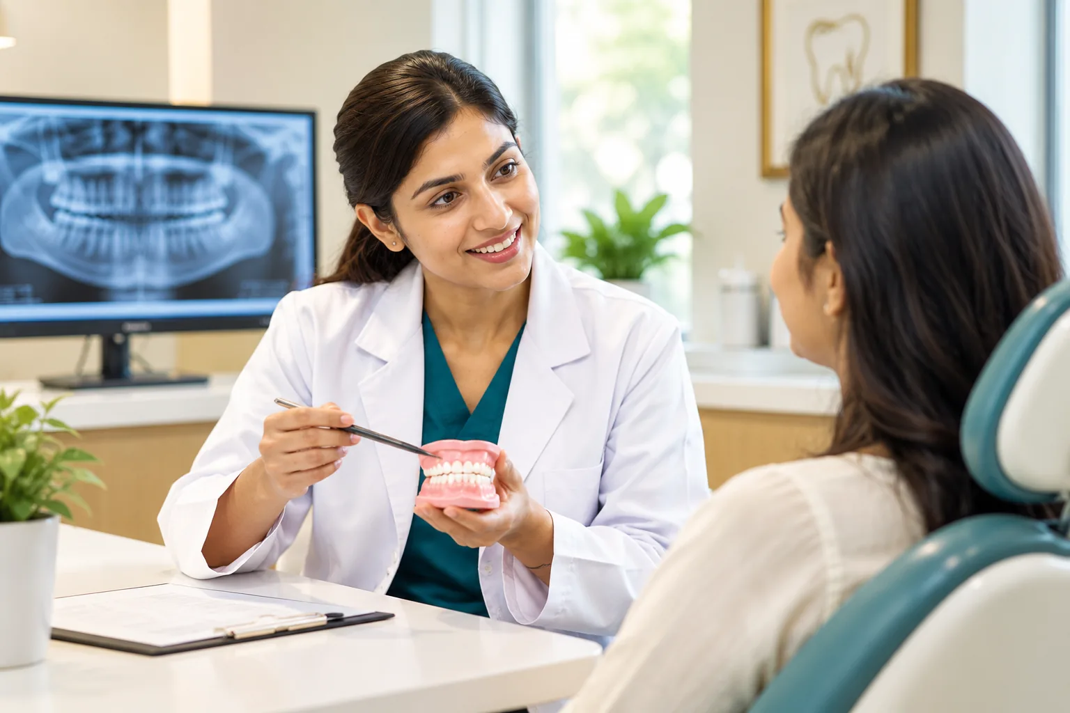 A dentist using a dental model to explain treatment to a patient