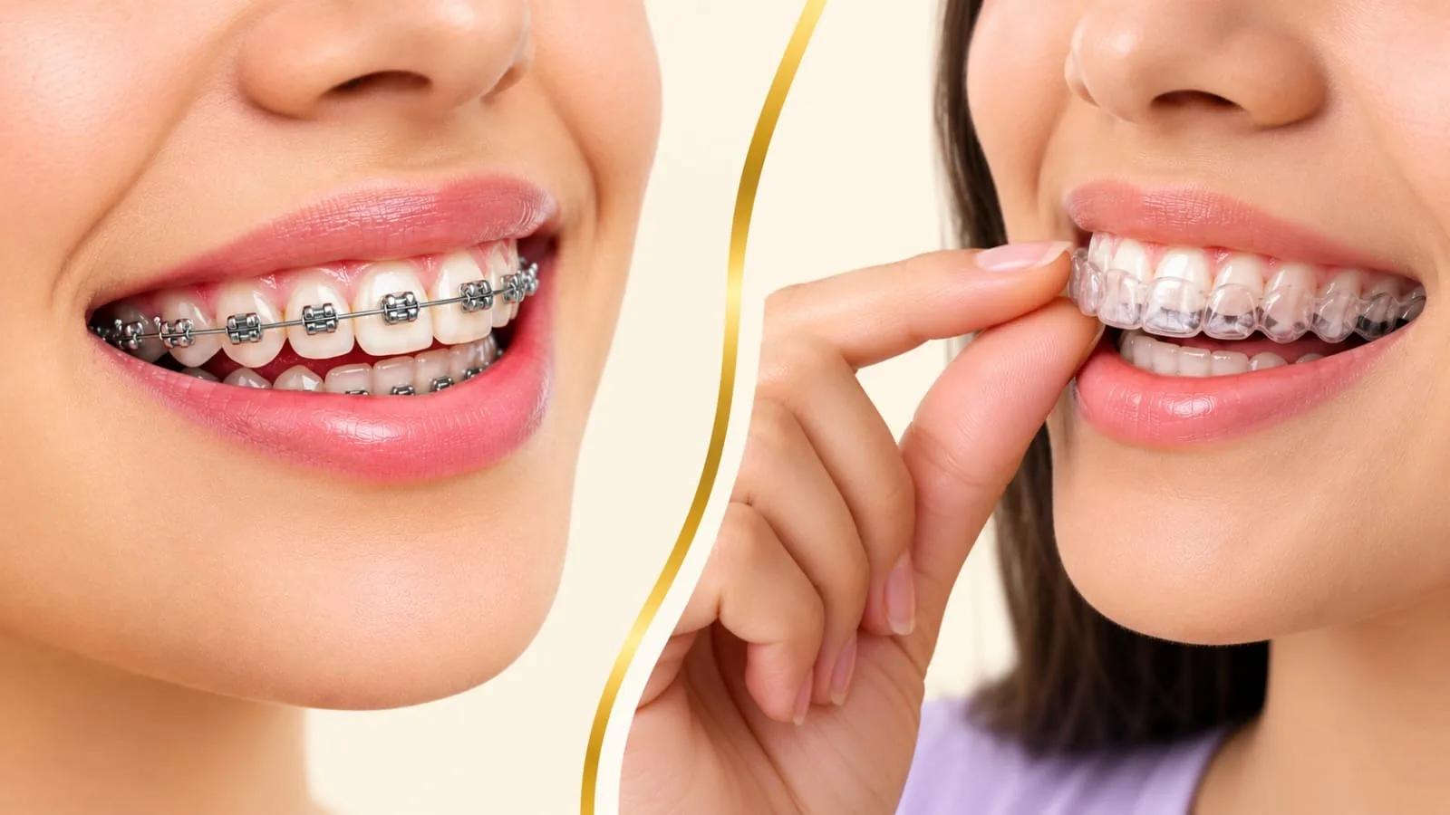Two smiles side by side, one wearing fixed metal braces and the other fitting a clear aligner