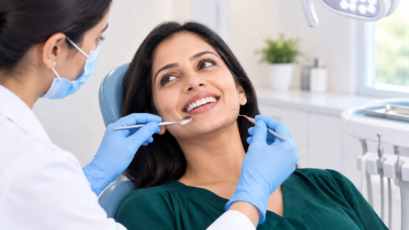 A dentist examining a smiling patient's teeth with a mirror and probe during a routine check-up