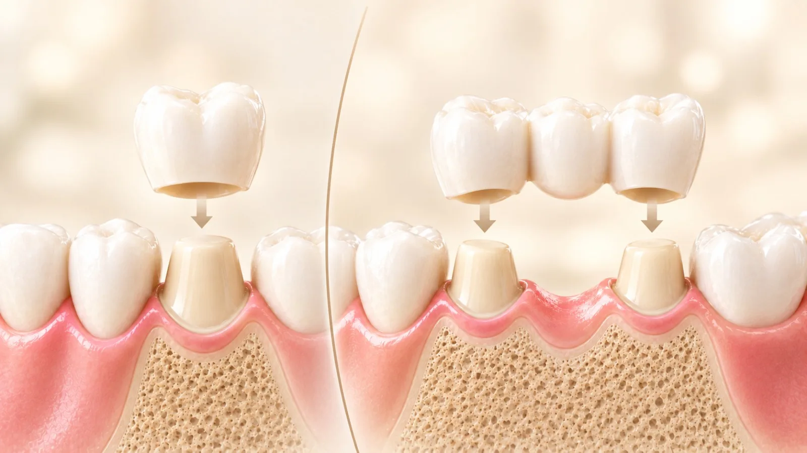 Illustration comparing a single crown fitted over a prepared tooth with a three-unit bridge spanning a gap
