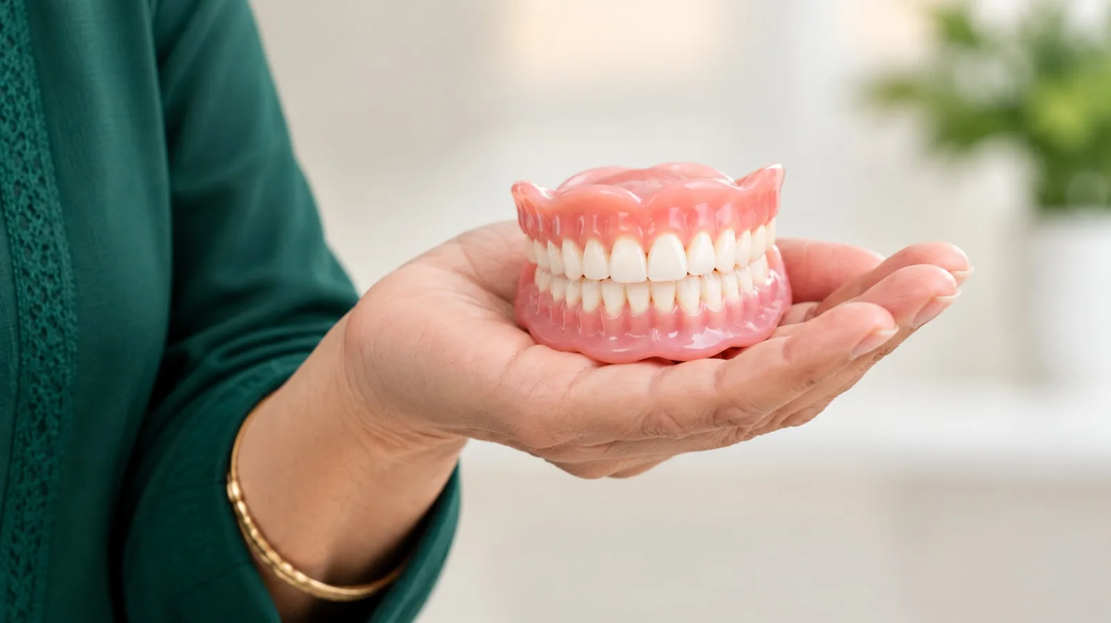 A woman holding a full set of upper and lower dentures in the palm of her hand