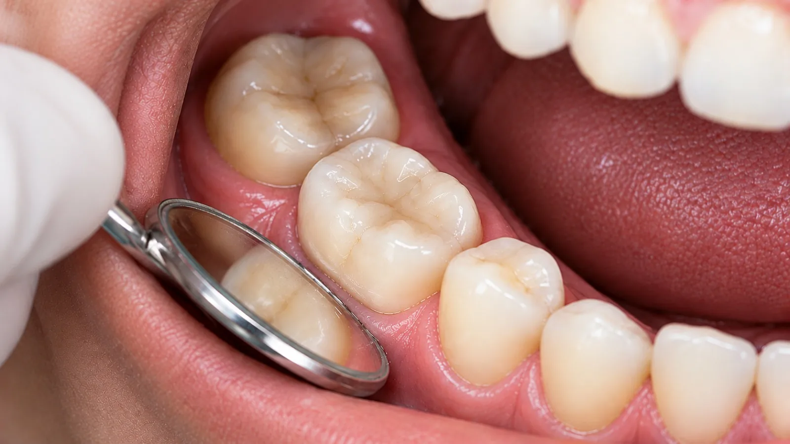 Close-up of a molar restored with a tooth-coloured composite filling beside a dental mirror