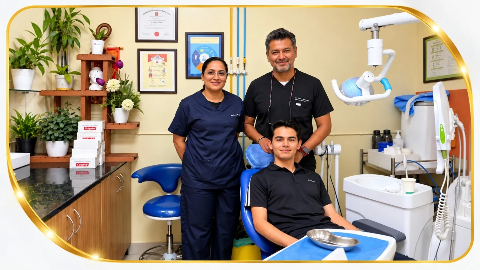 Two dentists in dark scrubs with a smiling patient in the treatment chair at Mahendra's Dental Studio