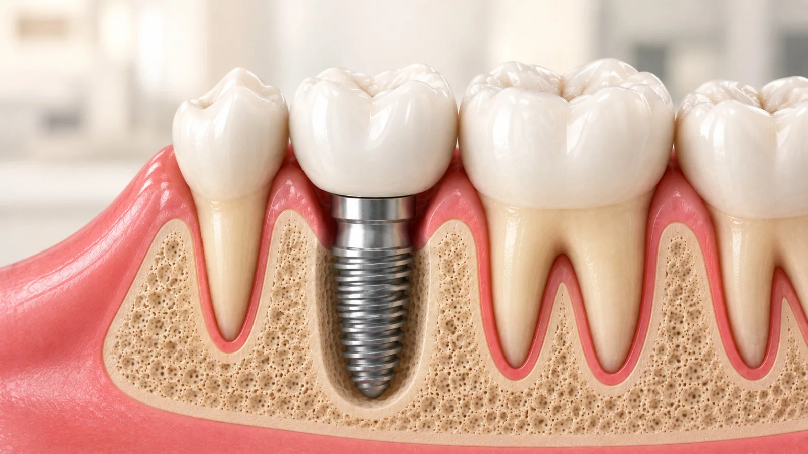 Cut-away illustration of a titanium dental implant fixed in the jawbone and topped with a crown