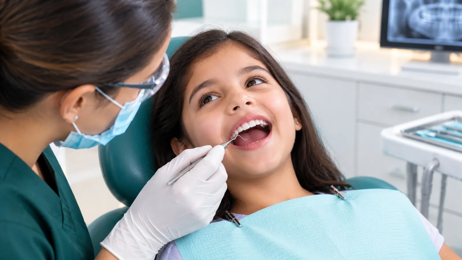 A young girl laughing in the dental chair while a dentist checks her teeth