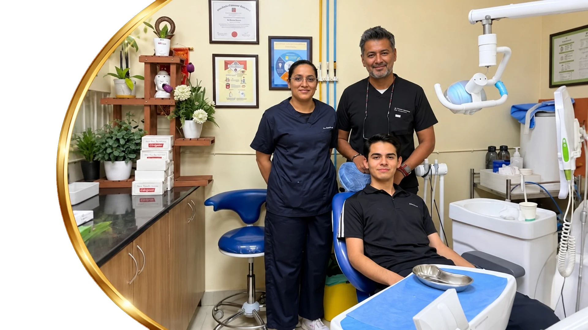 Two dentists in dark scrubs with a smiling patient in the treatment chair at Mahendra's Dental Studio