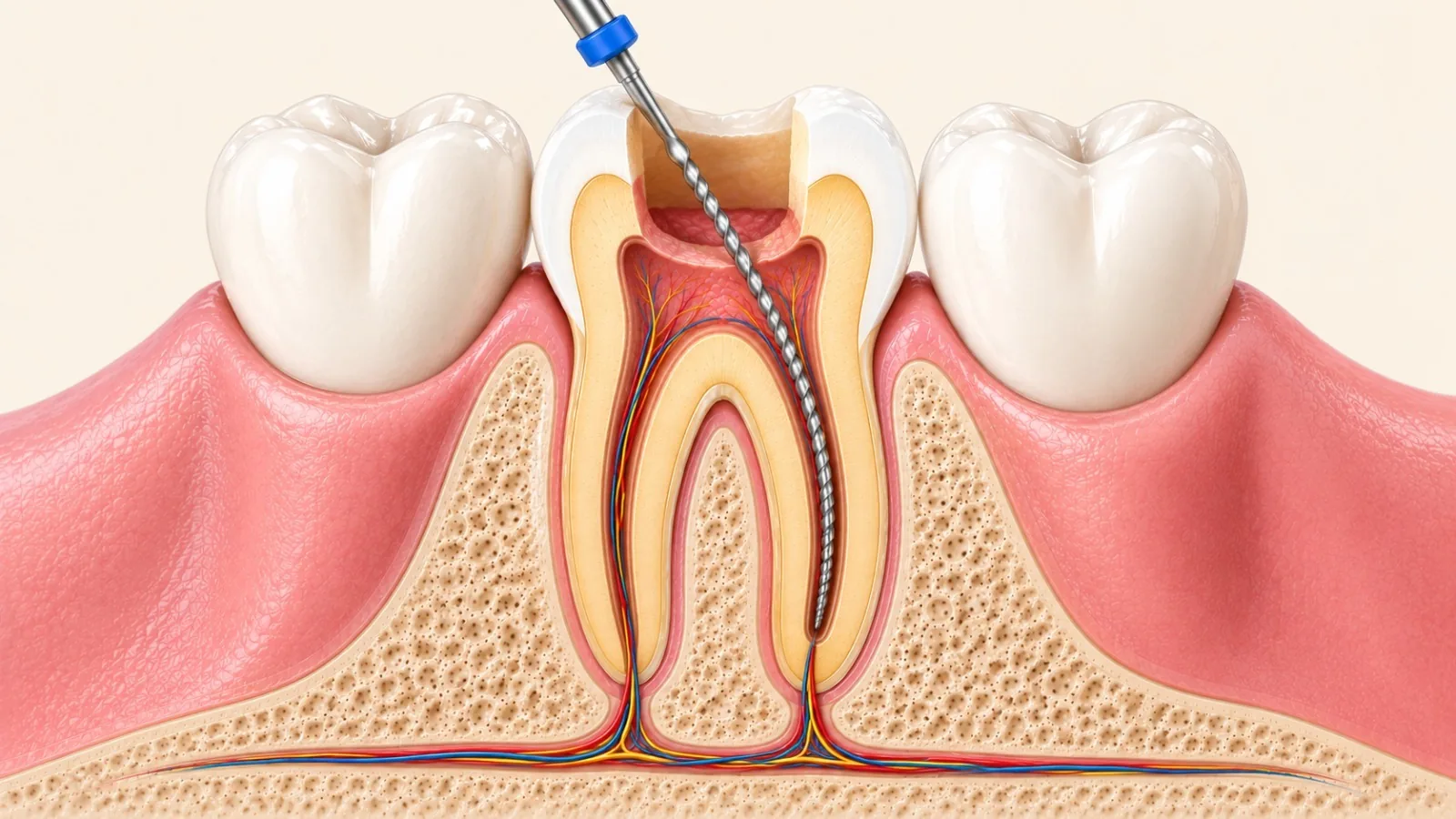 Cut-away illustration of a root canal file cleaning the nerve canal inside a molar