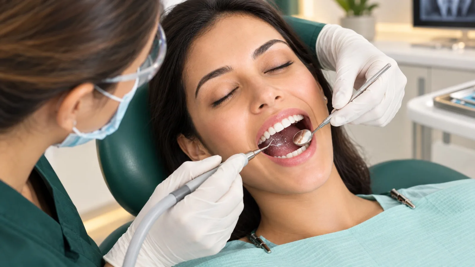 A dental hygienist using an ultrasonic scaler to clean a patient's teeth in the chair