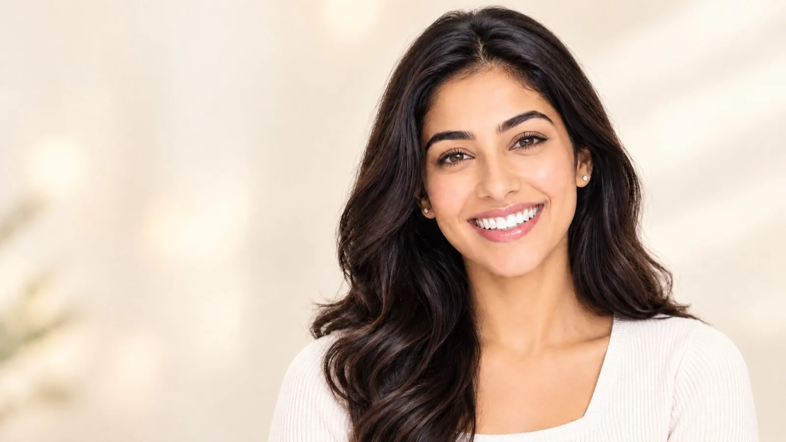 A woman with long dark hair smiling broadly, showing an even, bright smile