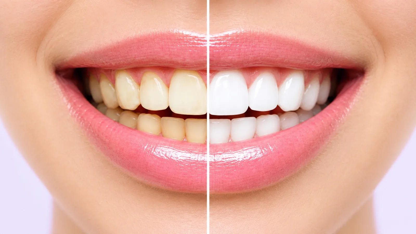 A close-up smile split down the middle, stained teeth on one side and whitened teeth on the other