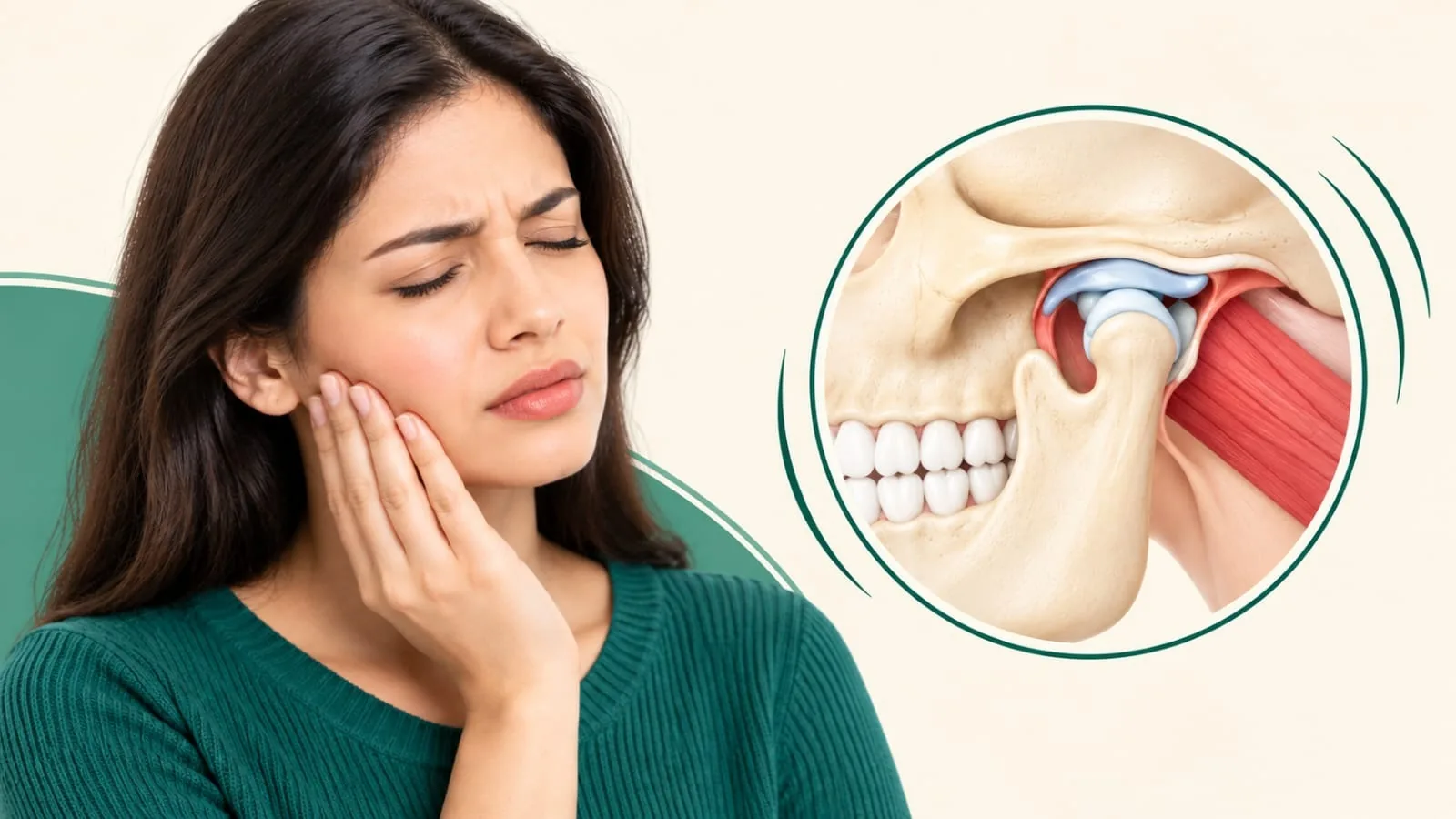 A woman holding her jaw in discomfort beside an illustration of the temporomandibular joint