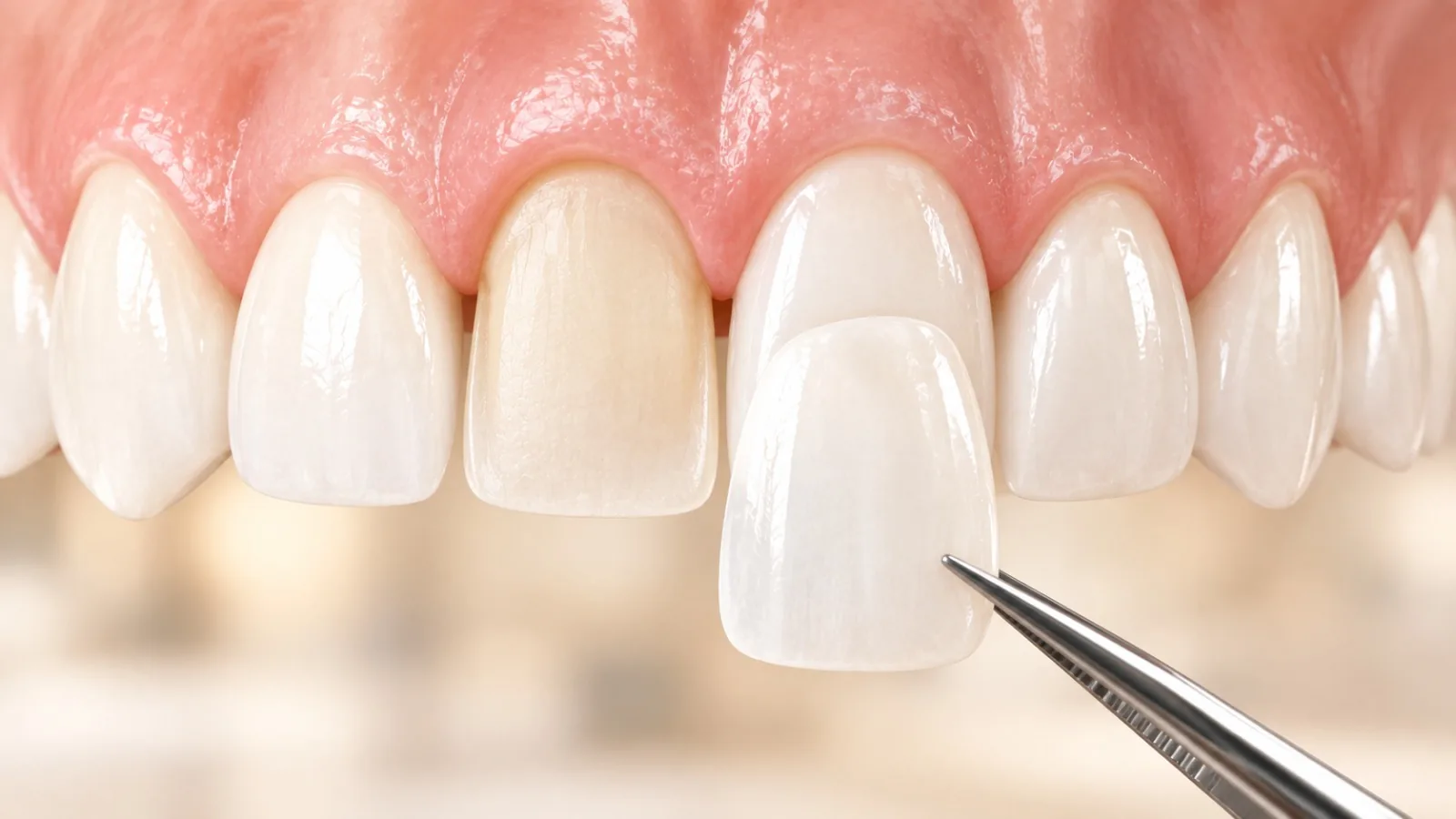 A porcelain veneer held on tweezers beside a discoloured front tooth for shade matching