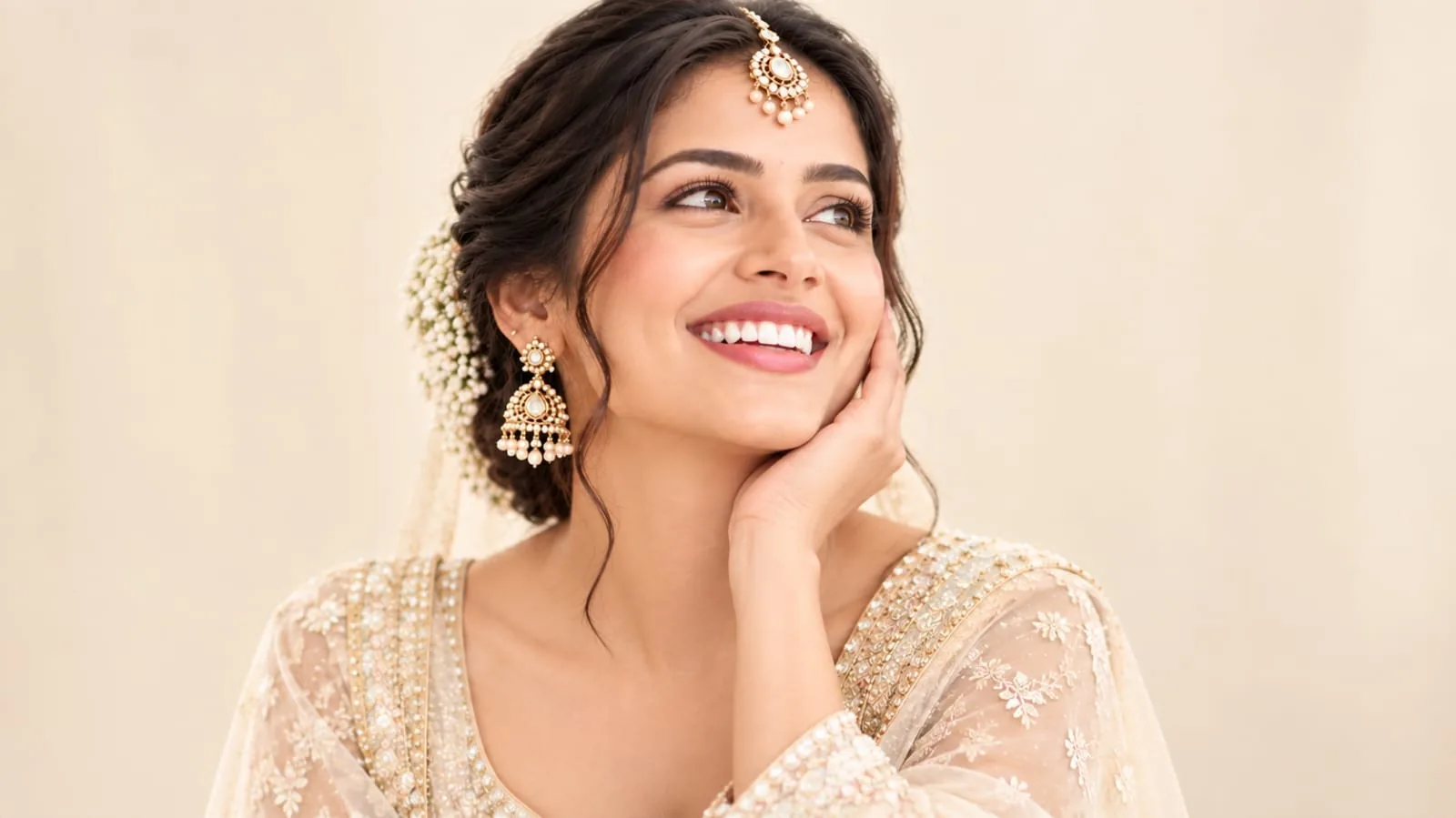 A bride in traditional gold jewellery and an embroidered veil smiling before her wedding