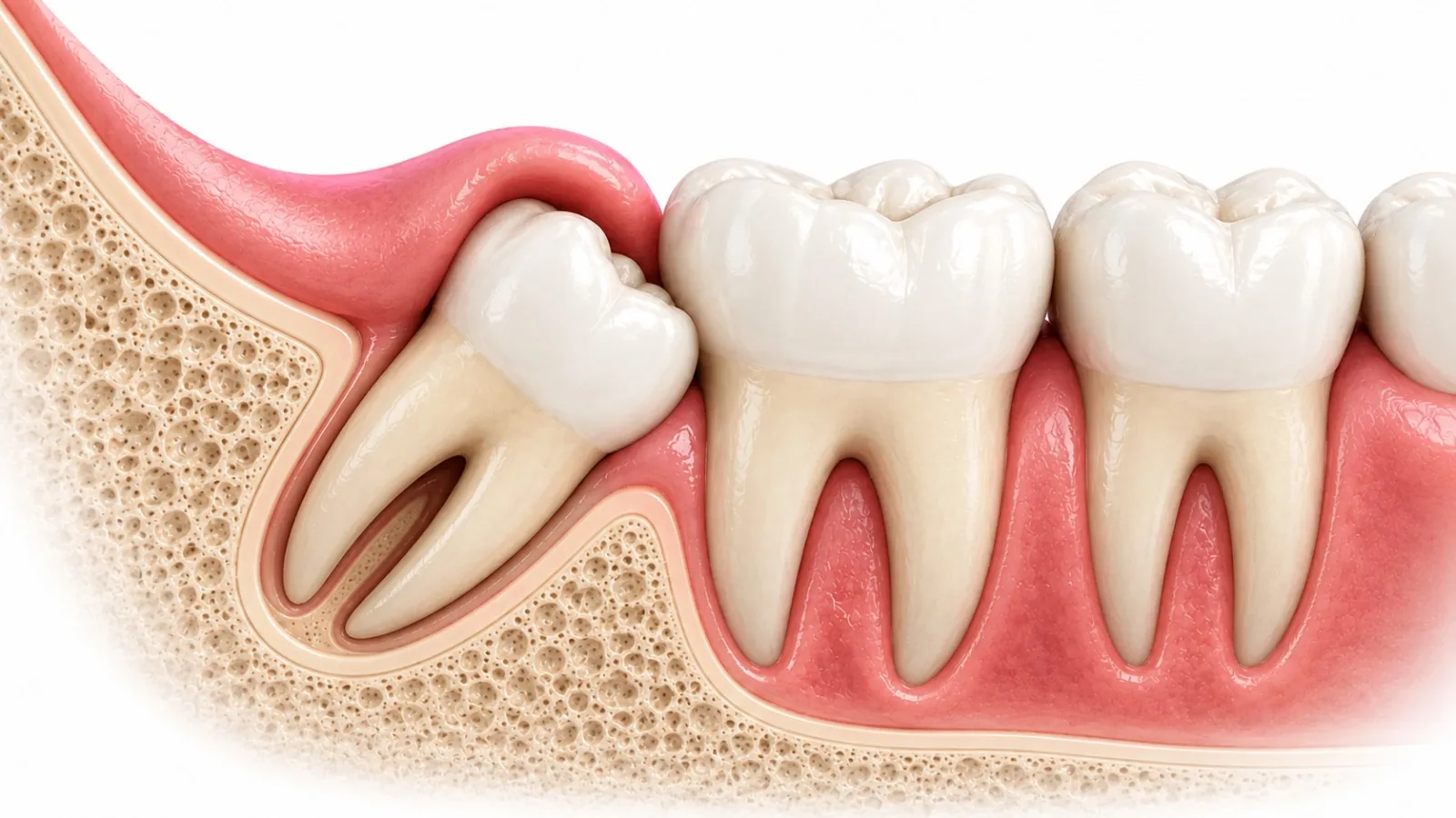 Cut-away illustration of an impacted wisdom tooth pressing sideways against the molar beside it